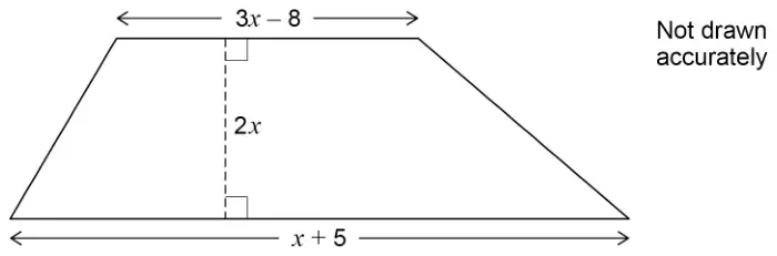 Trapezium with parallel sides 3x − 8 and x + 5 and perpendicular height 2x; not drawn accurately
