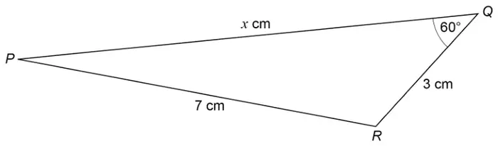 Triangle PQR with PQ = x cm, PR = 7 cm, QR = 3 cm and angle PQR = 60°