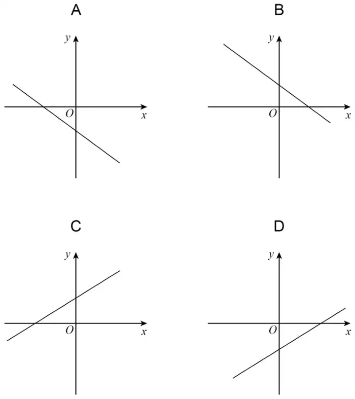 Four sketch graphs of straight lines labelled A, B, C and D. A: negative gradient, crossing both axes on the negative side. B: negative gradient, positive intercepts on both axes. C: positive gradient, positive y-intercept. D: positive gradient, negative y-intercept