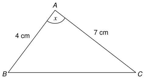 Triangle ABC with AB = 4 cm, AC = 7 cm and angle BAC = x