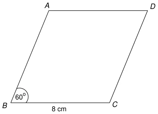 Rhombus ABCD with BC = 8 cm and angle ABC = 60°