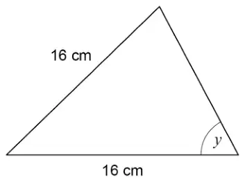 Isosceles triangle with two sides of 16 cm, the base and the left side; angle y is at the right-hand end of the base