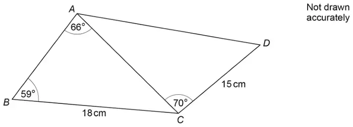 Triangles ABC and ACD sharing side AC: angle BAC = 66 degrees, angle ABC = 59 degrees, BC = 18 cm, angle ACD = 70 degrees, CD = 15 cm