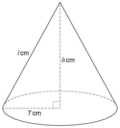 Cone with slant height l cm, perpendicular height h cm and base radius 7 cm