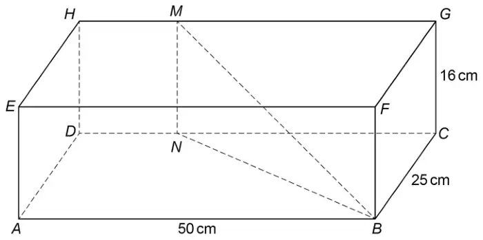 Cuboid ABCDEFGH with AB = 50 cm, BC = 25 cm and CG = 16 cm; M lies on HG and N lies on DC directly below M, with lines MB and NB drawn