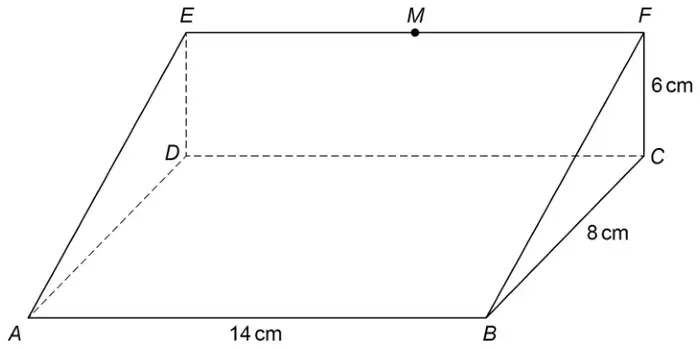 Triangular prism ABCDEF with rectangular base ABCD, AB = 14 cm, BC = 8 cm, vertical edge CF = 6 cm, M the midpoint of EF