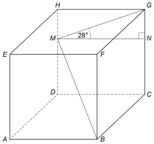 Cube ABCDEFGH with M on DH and N on CG, MN parallel to HG, angle MNG = 90° and angle NMG = 28°; line BM is drawn
