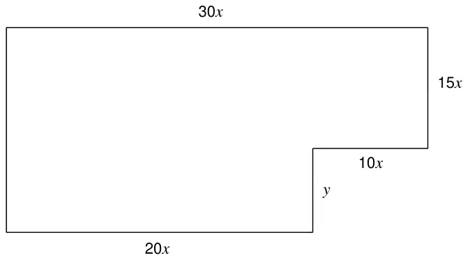 L-shaped shape made from two rectangles: top side 30x, right side 15x, step 10x, inner vertical side y, bottom side 20x