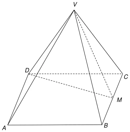 Pyramid VABCD on a rectangular base ABCD with M the midpoint of BC; lines VM and DM are drawn dashed