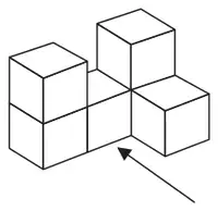 Solid made from 1 cm cubes with an arrow showing a viewing direction