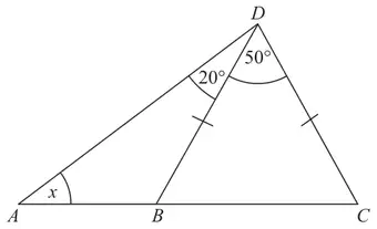 Triangle ACD with B on AC; BD = CD; angle BDC = 50°, angle ADB = 20°, angle x at A