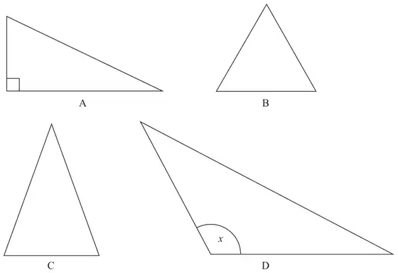 Four triangles A, B, C and D; angle x is marked in triangle D