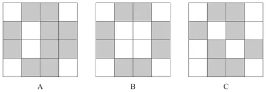 Three 4 by 4 patterns A, B and C of grey and white tiles
