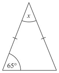 Isosceles triangle with two equal sides marked, a base angle of 65 degrees and the top angle marked x