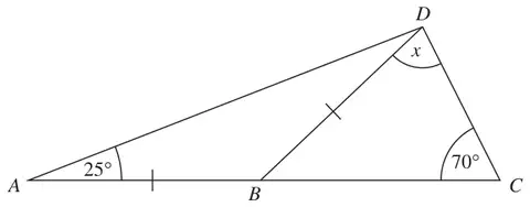 Triangle ACD with B on AC and BD drawn; angle BAD 25 degrees, angle BCD 70 degrees, angle x at D in triangle BCD