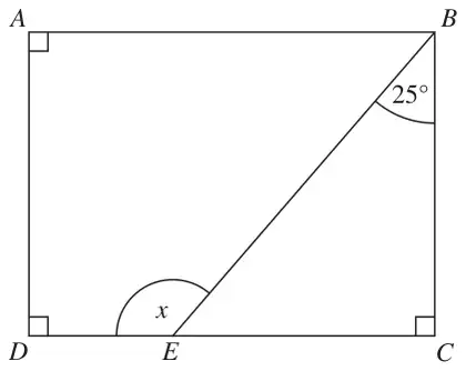 Rectangle ABCD with E on DC; line BE drawn; angle EBC = 25 degrees and angle x is angle BED