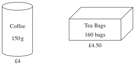 A jar of coffee: Coffee 150 g, £4. A box of tea bags: Tea Bags 160 bags, £4.50