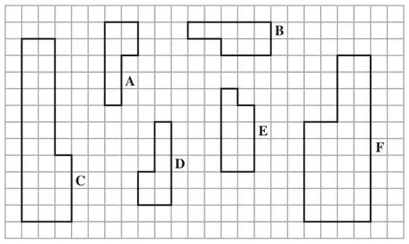 Six shapes labelled A to F on a grid of squares
