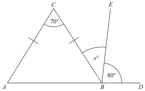 Isosceles triangle ABC with angle ACB 70 degrees; ABD is a straight line, BE makes angle 80 degrees with BD and angle x degrees with BC
