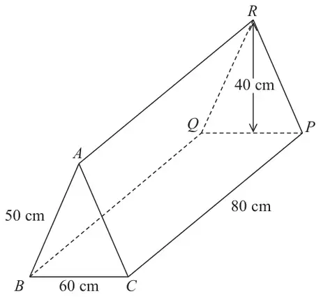 Triangular prism ABCPQR with BC = 60 cm, AB = 50 cm, CP = 80 cm and height of the triangle 40 cm
