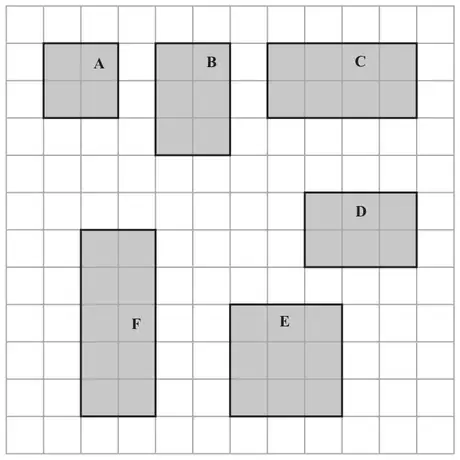 Centimetre grid with six shaded rectangles labelled A to F