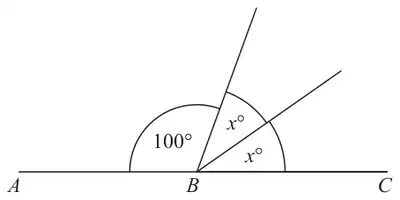 Straight line ABC with angles 100 degrees, x degrees and x degrees at B