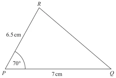 Sketch of triangle PQR with PQ = 7 cm, PR = 6.5 cm and angle QPR = 70 degrees