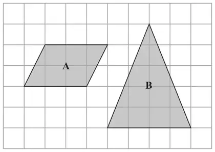 Centimetre grid with shaded quadrilateral A (a parallelogram) and shaded triangle B