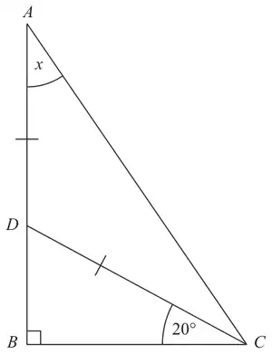 Right-angled triangle ABC with right angle at B; D on AB with DA = DC; angle BCD = 20°; angle x at A