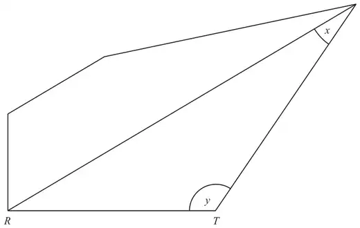 Quadrilateral with a diagonal from R; angle x at the top right vertex and angle y at T