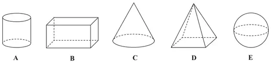 Five solids: A cylinder, B cuboid, C cone, D square-based pyramid, E sphere