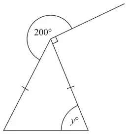 Isosceles triangle with a reflex angle of 200° and a right angle at the top vertex, and angle y° at the bottom right