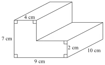 L-shaped prism: cross-section 9 cm wide and 7 cm high with a 4 cm top step and 2 cm lower height; length 10 cm
