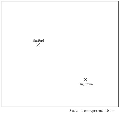 Map showing Burford and Hightown; scale 1 cm represents 10 km