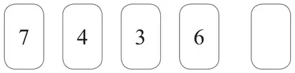 Five cards: 7, 4, 3, 6 and a hidden card
