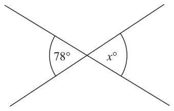 Two intersecting straight lines with an angle of 78 degrees and the vertically opposite angle marked x