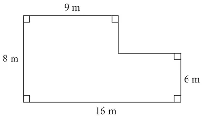 L-shaped floor: top side 9 m, left side 8 m, bottom side 16 m, right side 6 m