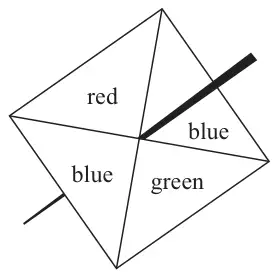 Four-sided spinner with sections red, blue, blue, green