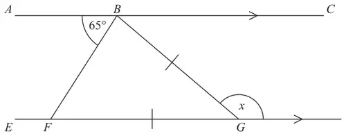 Parallel lines ABC and EFGH; BF and BG drawn; angle ABF = 65 degrees; GB and GF marked equal; angle x at G between BG and GH