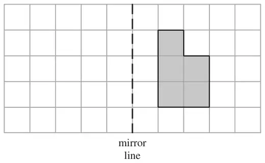 Grid of centimetre squares with a vertical dashed mirror line and an L-shaped shaded shape to the right of it