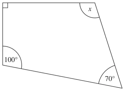 Quadrilateral with a right angle at top left, angle 100 degrees at bottom left, 70 degrees at bottom right and x at top right