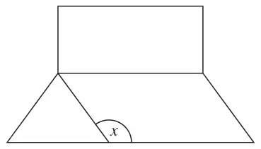 A rectangle on top of a parallelogram, with a triangle inside the parallelogram; one angle of the triangle is marked x