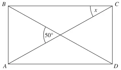 Rectangle ABCD with diagonals AC and BD crossing at an angle of 50 degrees; angle x is at C between CA and CB