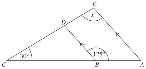 Triangle ACE with D on CE and B on CA; BD parallel to AE; angle BCD = 30 degrees, angle ABD = 125 degrees, angle x at E
