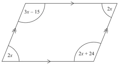Parallelogram with angles 3x - 15, 2x, 2x + 24 and 2x