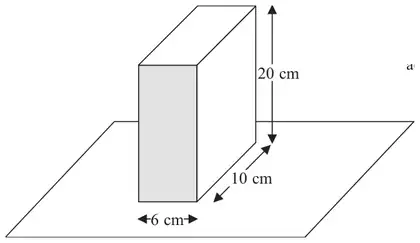 Cuboid carton 6 cm by 10 cm by 20 cm standing upright on a 6 cm by 10 cm face; the 6 cm by 20 cm side face is shaded