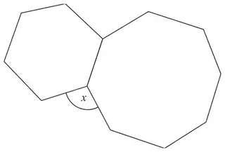 A regular hexagon and a regular octagon sharing a vertex; angle x is between them