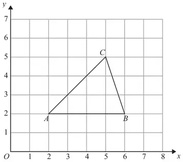 Centimetre grid with x from 0 to 8 and y from 0 to 7 showing triangle ABC