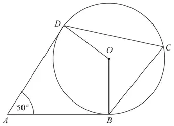 Circle centre O with B, C and D on the circumference; tangents AB and AD meet at A with angle DAB = 50 degrees