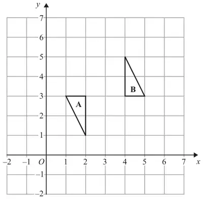 Grid with x from -2 to 7 and y from -2 to 7 showing triangle A with vertices (1, 3), (2, 3), (2, 1) and triangle B with vertices (4, 3), (4, 5), (5, 3)